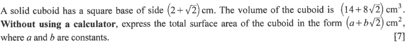 Surds surface area cuboid answer = 100 + 12√2