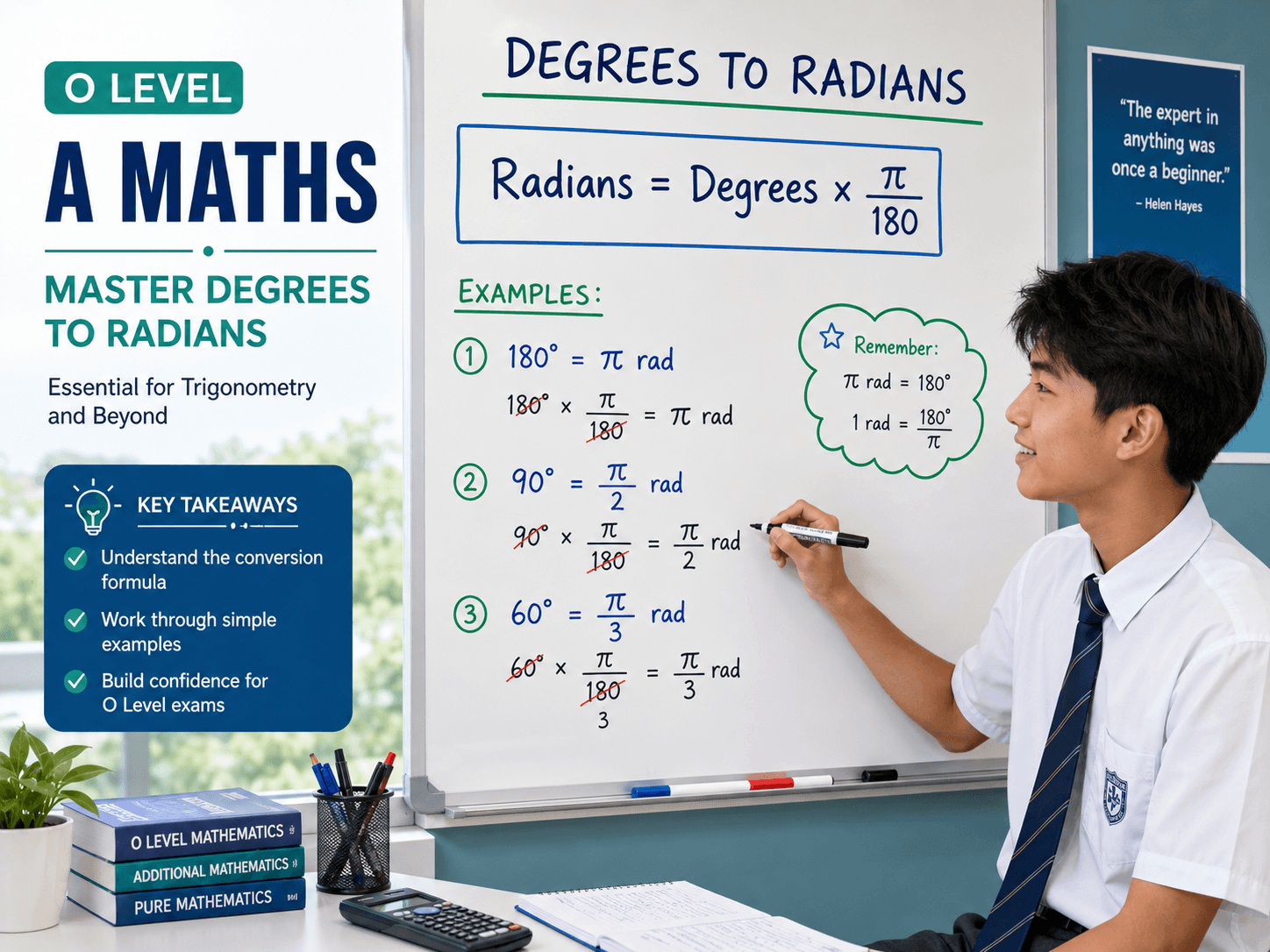 degrees radians O Level A Maths conversion formula on whiteboard