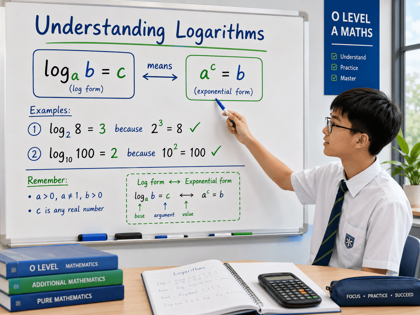 understanding logarithms O Level A Maths explanation with log notation and power form on whiteboard