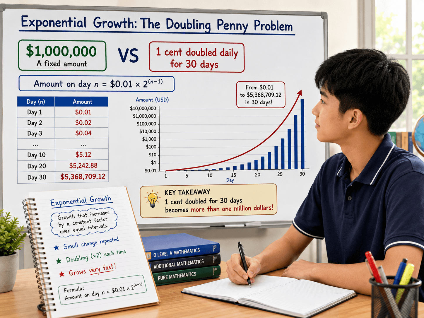 doubling penny O Level A Maths exponential growth example showing one cent doubling for 30 days